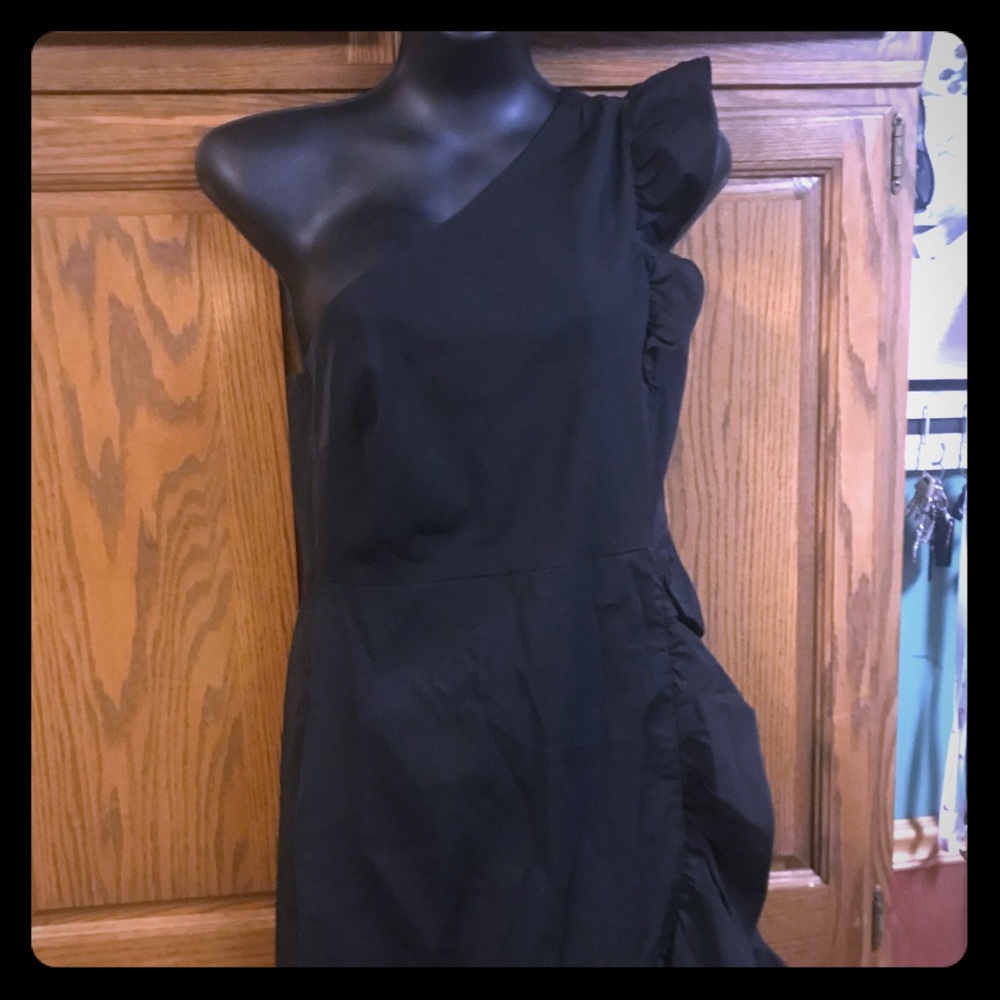 J Crew Black Petite One Shoulder Ruffle Dress NWT